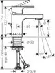 Einhebel-Waschtischmischer von Hansgrohe mit isolierter Wasserführung und Zugstangen-Ablaufgarnitur, technische Zeichnung mit Abmessungen und Anschlussdetails.